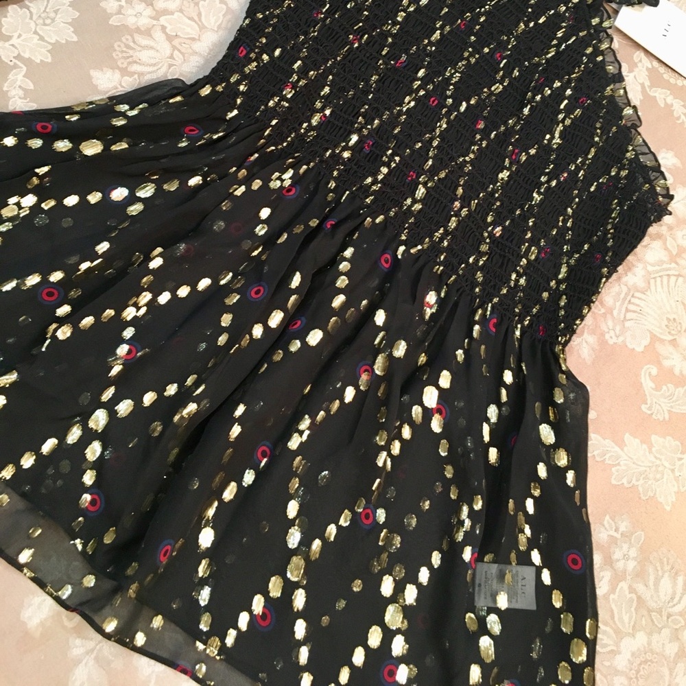 A.L.C. One shoulder one sleeve silk metallic gold thread mock neck top sz.0 - Picture 7 of 15